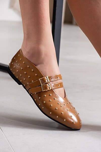 FSKOMBİN Loya Taba Patent Leather Trok Detailed Women's Ballerinas