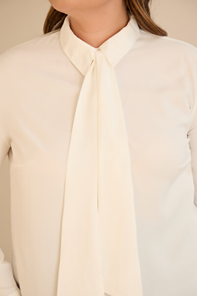 FOR ESRA BIG TREND Women's Plus Size Lapel Tie Button Long Sleeve Woven Shirt