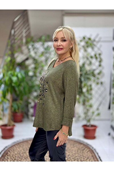 Punta Otantik Yg8023 Heart Patterned Stone Italian Knitwear Blouse Green