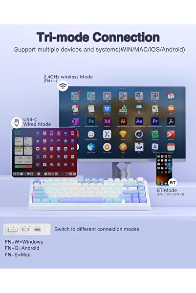 Aula F75 75% Wireless Mechanical RGB Keyboard, Hot-Swappable, Knob, BT5.0/2.4GHz/USB-C