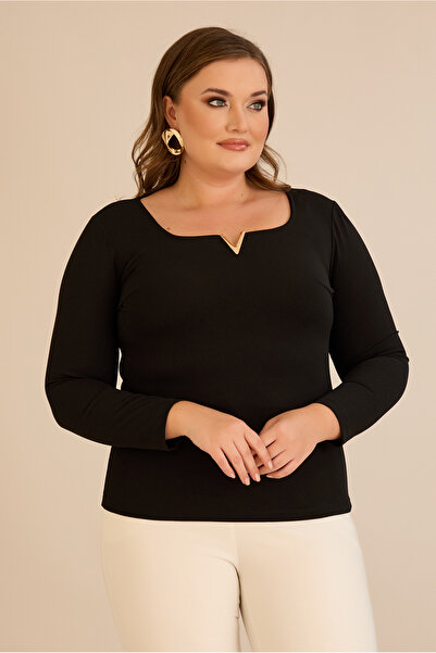 FOR ESRA BIG TREND Women's Plus Size Square V Hollow Neck Metal Accessory Long Sleeve Stretchy Crepe Blouse