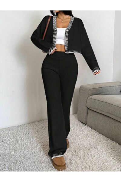 FLEX FASHION Women's Popular 2-Piece Cardigan Pants Trend Oversize Knitwear Set (Black)
