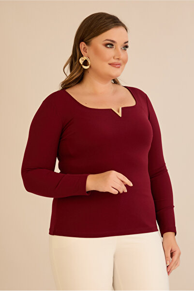 FOR ESRA BIG TREND Women's Plus Size Square V Hollow Neck Metal Accessory Long Sleeve Stretchy Crepe Blouse