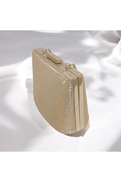 Butik Gold Snake Patterned Evening Bag |   Metal Lock Portfolio Clutch |   With Shoulder and Handle