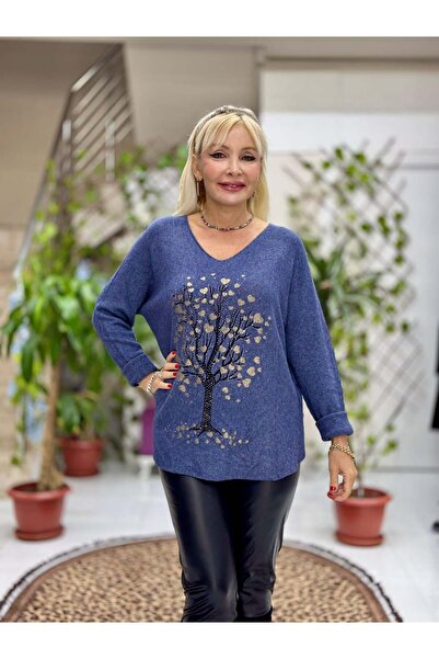 Punta Otantik Yg8021 Tree Patterned Stone Italian Knitwear Blouse Blue