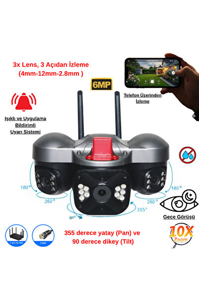 VOREX Apronx 6MP Wi-Fi Kamera | 3 Lens Üçlü Görüş PTZ Güvenlik Kamerası | Dış Mekan | Gece Renkli Görüş