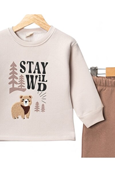 voyyo kids baby Boy's Winter 3-Thread Fleece-Lined Bear Embroidered Baby Tracksuit Set, Ages 1-2-3-4, Lower Top Baby Tracksuit Set