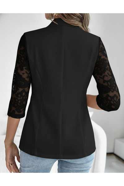 merysare Women's Lace Trim Three Quarter Sleeve Buttoned Pocket Atlas Fabric Jacket