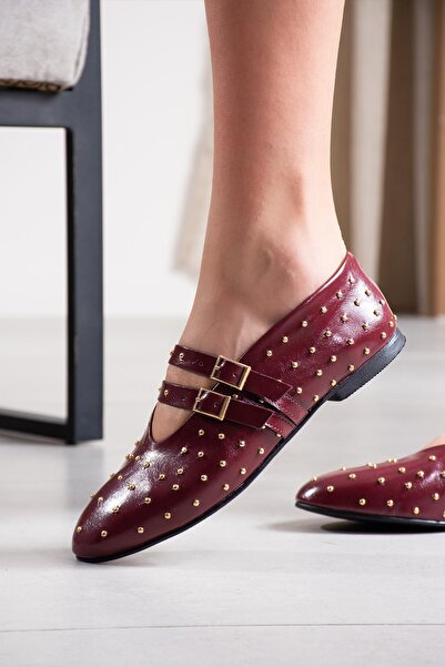 FSKOMBİN Loya Burgundy Patent Leather Trok Detailed Women's Ballerinas