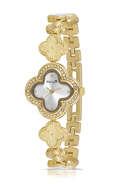 Polo Air ساعة يد نسائية فاخرة بنقشة زهرة البرسيم المرصعة بالأحجار، لون ذهبي وأبيض، موديل PL-1560B1X
