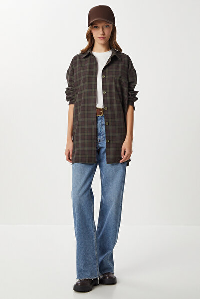 Lovelyİstanbul Kareli Oversize Oduncu Gömlek LDZ0049 KAHVERENGİ HAKİ
