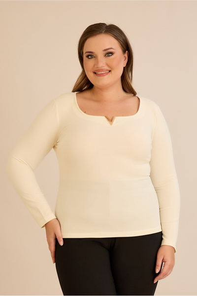 FOR ESRA BIG TREND Women's Plus Size Square V Hollow Neck Metal Accessory Long Sleeve Stretchy Crepe Blouse