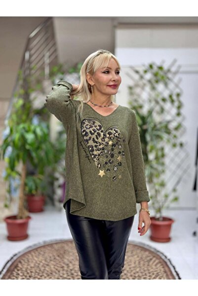 Punta Otantik Yg8023 Heart Patterned Stone Italian Knitwear Blouse Green