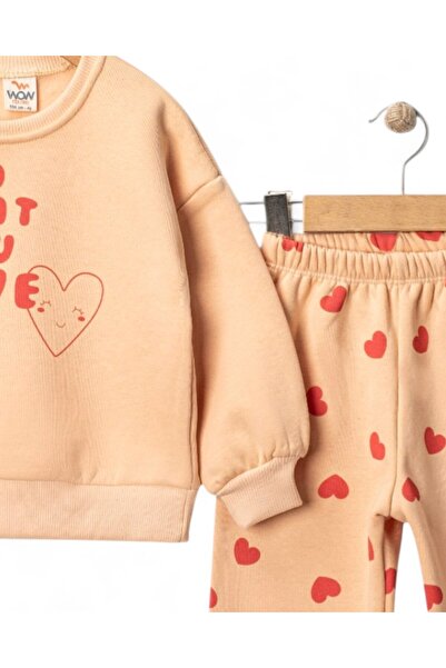 VOY KİDS Girl's Winter 3-Thread Fleece-Lined Piece Set, Ages 1-2-3-4, Heart Embroidered Thick Bottom and Top Tracksuit Baby Set