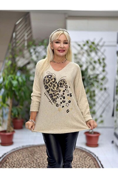 Punta Otantik Yg8023 Heart Patterned Stone Italian Knitwear Blouse Beige