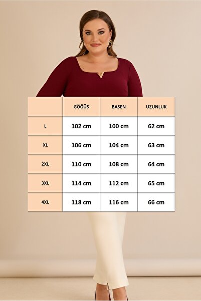 FOR ESRA BIG TREND Women's Plus Size Square V Hollow Neck Metal Accessory Long Sleeve Stretchy Crepe Blouse