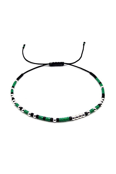 Lexy's Boutique Men's Bracelet in Silver and Miyuki Beads (green/black) - black cord