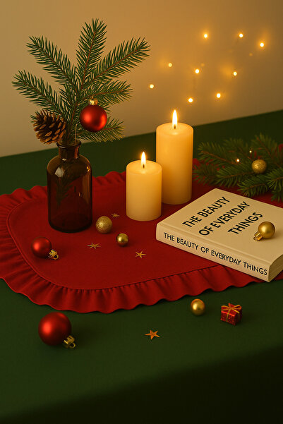 Mirilliahome Ruffled Red Linen Runner | Natural Ruffled Runner - Stylish Design for Table Decoration