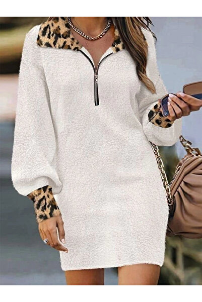 Butik Women's Long Sleeve Collared Front Zipper Leopard Detailed Mini Plush Dress