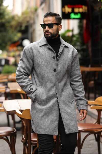 endap collection Peter Pan collar , Men's Herringbone Gray Cashmere Coat with...