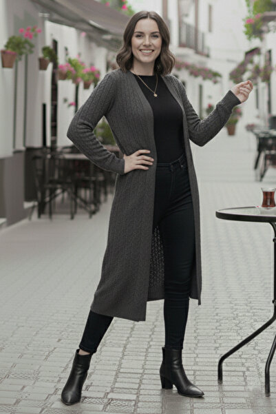 benguen Knitted Patterned Long Knitwear Cardigan R4251 Anthracite