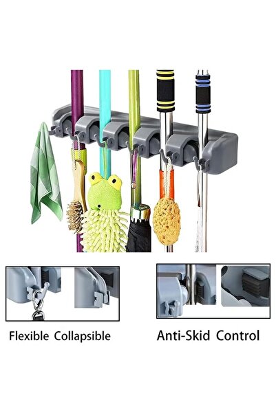 Primo Plus Mop And Broom Holder, Wall Mounted Organizer 5 Position With 6 Hooks Multicolour