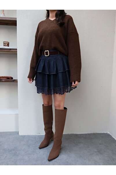 ESRAHELVACI Lace Mini Kat Denim Skirt