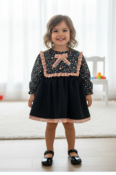 Bertuğ Bebek فستان أطفال بناتي أسود من قماش الكريب القطني مزين بالدانتيل