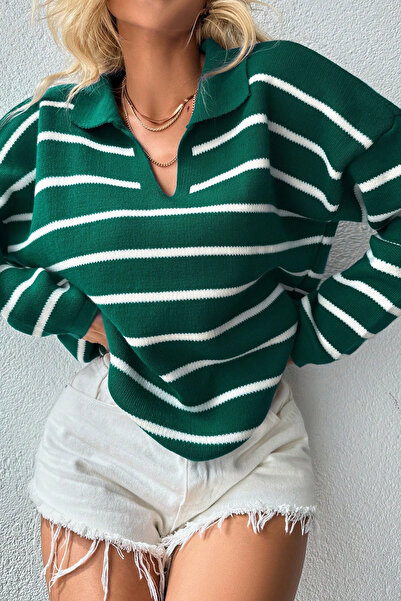 H&E LUXURY DESIGN Γυναικείο πλεκτό πουλόβερ με ριγέ λαιμόκοψη