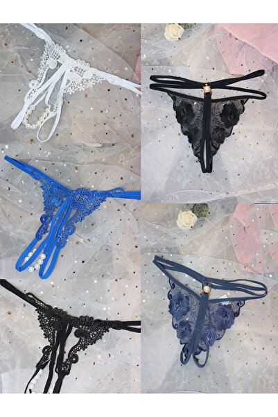 JInsh 5pcs Lace Elegant Floral Embroidery Sexy Open Crotch Transparent Simulated Pearl Underwear thong