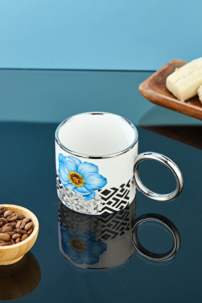 Cooker 200 ml Flower Patterned Silver Handle Porcelain Mug Cup