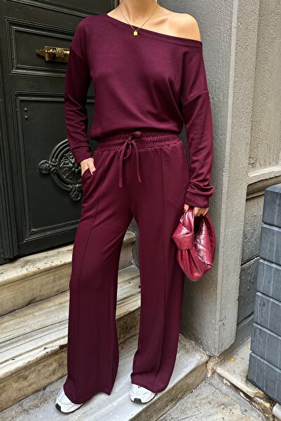 BEJNA Women's Off-Shoulder Soft Modal Textured Bottom Top Set