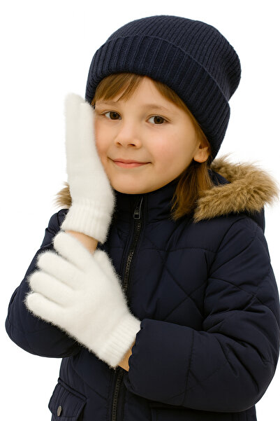 CapZone White Children's Plush Gloves - Soft Textured Warm Winter Gloves 5-10