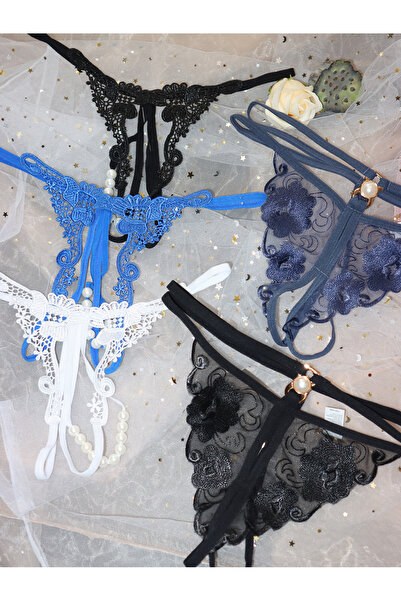 JInsh 5pcs Lace Elegant Floral Embroidery Sexy Open Crotch Transparent Simulated Pearl Underwear thong