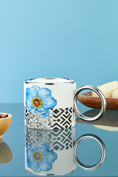 Cooker 200 ml Flower Patterned Silver Handle Porcelain Mug Cup