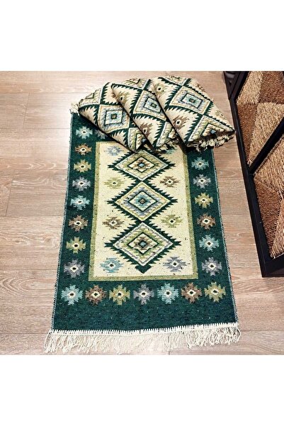 OEM Set of 4 traditional woven rugs, reversible, 60 x 90 cm, Green, ROMB pattern
