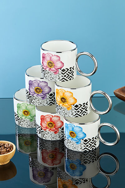 Cooker 200 ml Flower Patterned Silver Handle Porcelain Mug Cup
