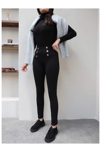 ESRAHELVACI Gold Button Detailed Stretch Leggings Pants