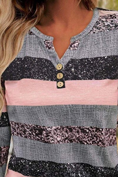 Mossta Buttoned Block Patterned Single Jersey Blouse - Pink