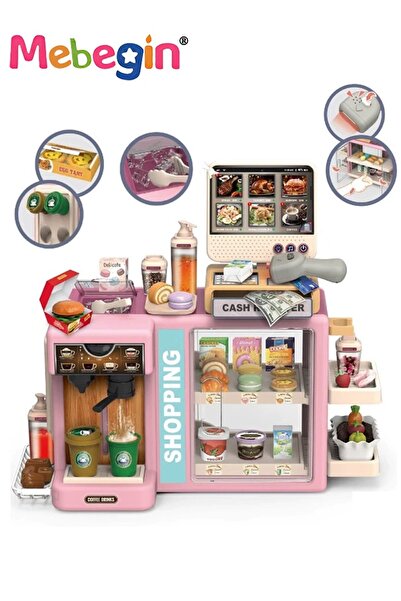 MEBEGIN مجموعة ألعاب سوبر ماركت ممتعة مع ماكينة قهوة ومنضدة حلويات ومتاجر قهوة وحلويات وهامبرجر