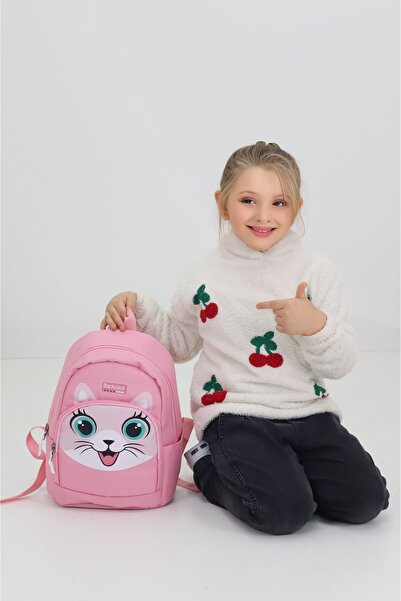 Probag Pink Kindergarten Nursery Bag with Cute Cat Figure 4 Compartments Girls' Backpack