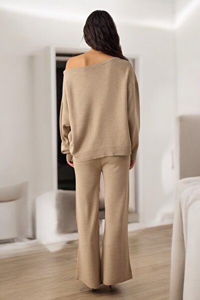 MODAMERSİ Women's Mink Boat Neck Sweater-Pants Knitwear Set