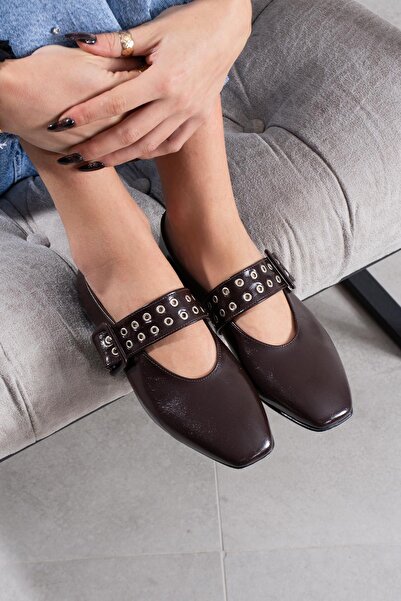 FSKOMBİN Biko Brown Patent Leather Women's Ballerinas