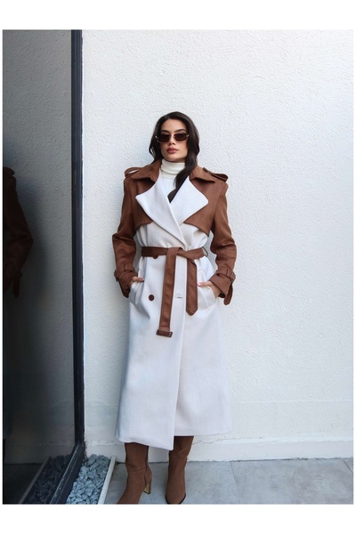 ESRAHELVACI Suede Detail Belted Herringbone Coat