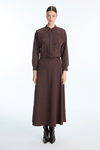 Zühre Jacquard Patterned Jacket Skirt Double Set Brown 1681