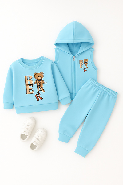 ADABEBEK Premium Sallanan Bear Printed Vest Set 3-Piece Bottom and Top Baby Set 24450