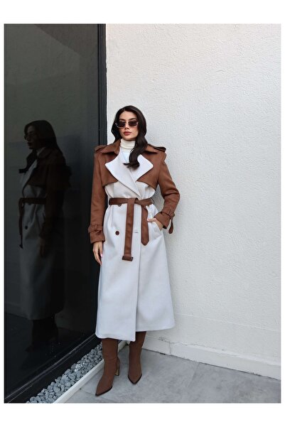 ESRAHELVACI Suede Detail Belted Herringbone Coat