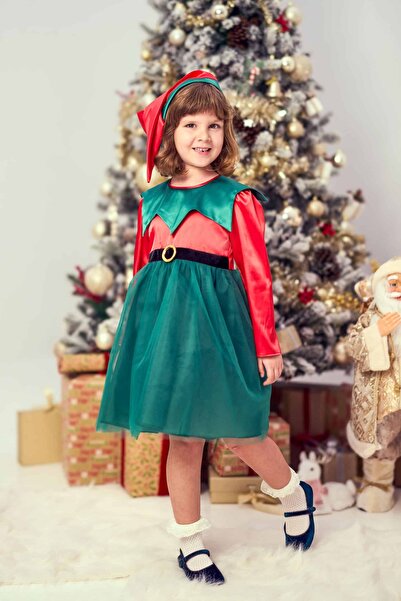 Andreeatex Elf Party Dress, 2 pieces, made of green and red satin and tulle