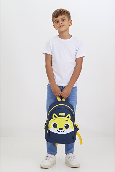 Probag Navy Blue Kindergarten Nursery Bag with Fox Figure, 4 Compartments, Boys and Girls Children's Backpack