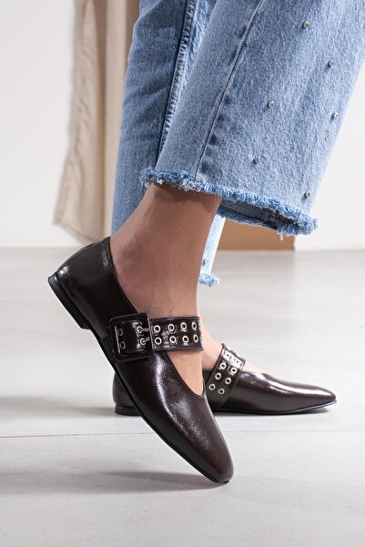 FSKOMBİN Biko Brown Patent Leather Women's Ballerinas